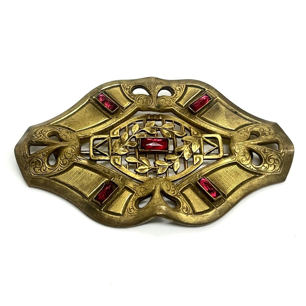 VINTAGE ART NOUVEAU Brooch Brass Red Glass Rhinestones Ornate Gold Tone Pin